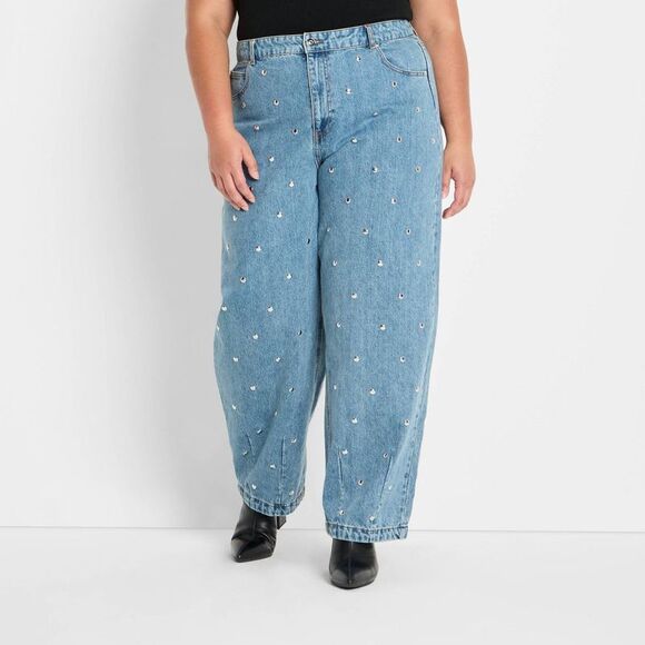 Future Collective Pants - Future Collective - Women's Mid-Rise Studded Barrel Leg Jeans - Future Blue